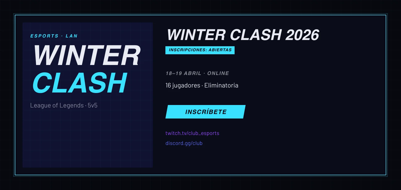Página de un torneo de eSports con inscripción y enlaces a Twitch y Discord