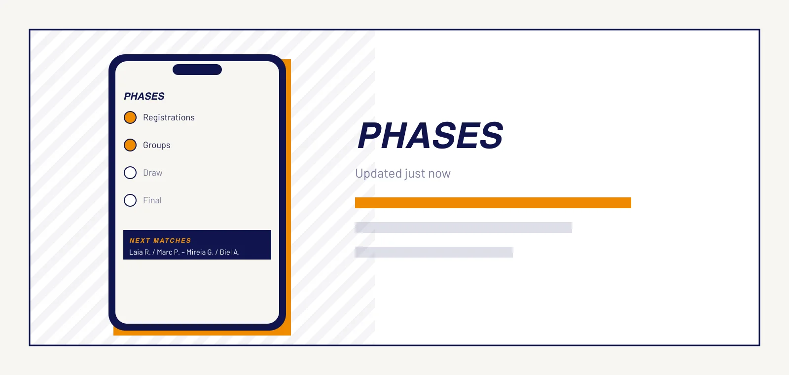 Tournament dashboard: phases, counters and next matches