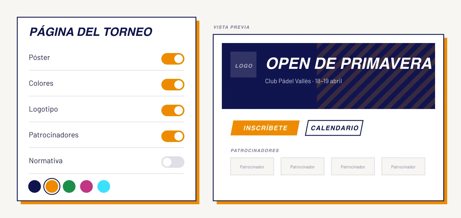 Opciones de personalización de la página del torneo y vista previa