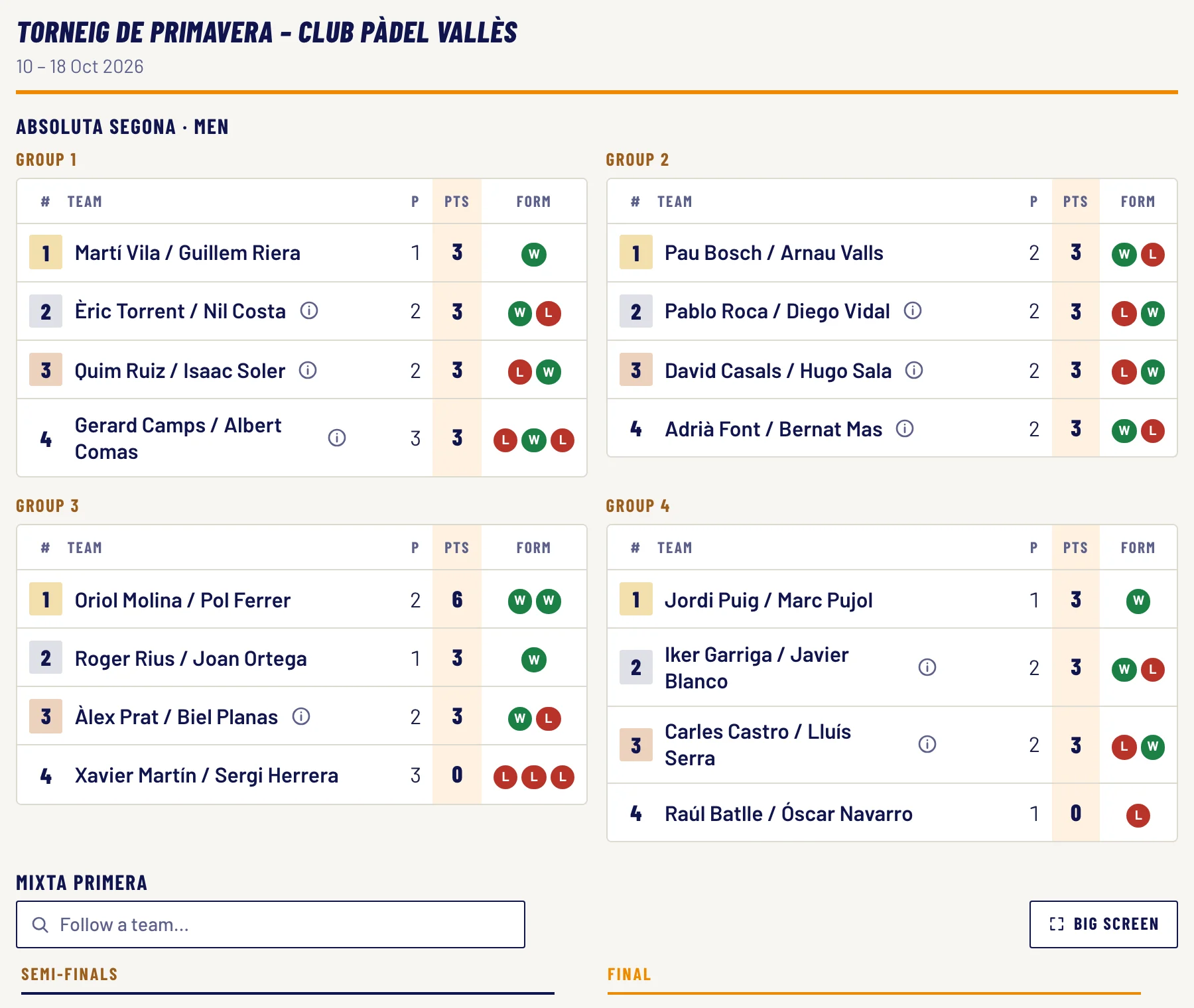 Standings and bracket embedded on a club website