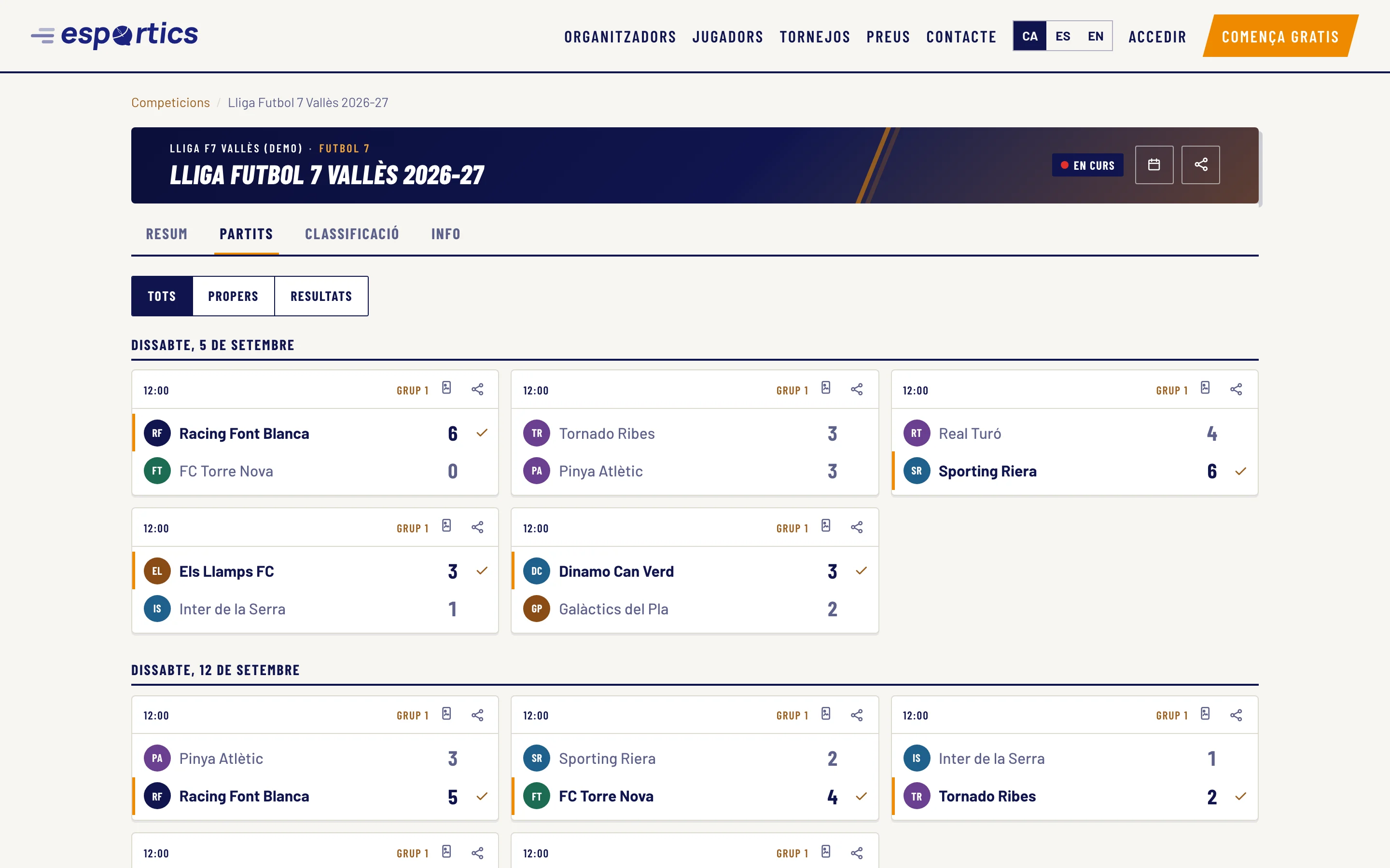 Partits i resultats d’una lliga de futbol 7 a eSportics