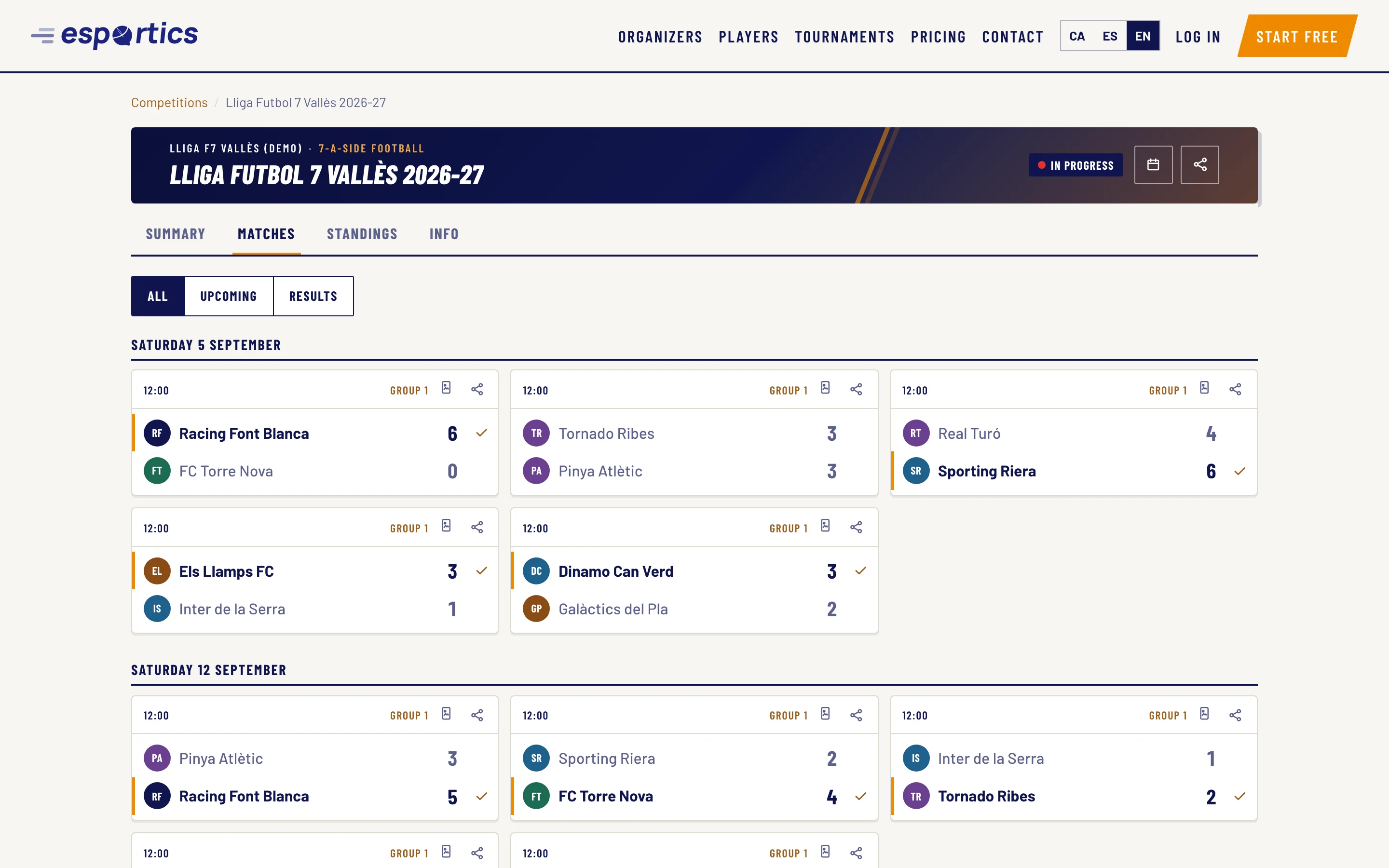 Matches and results of a 7-a-side football league on eSportics