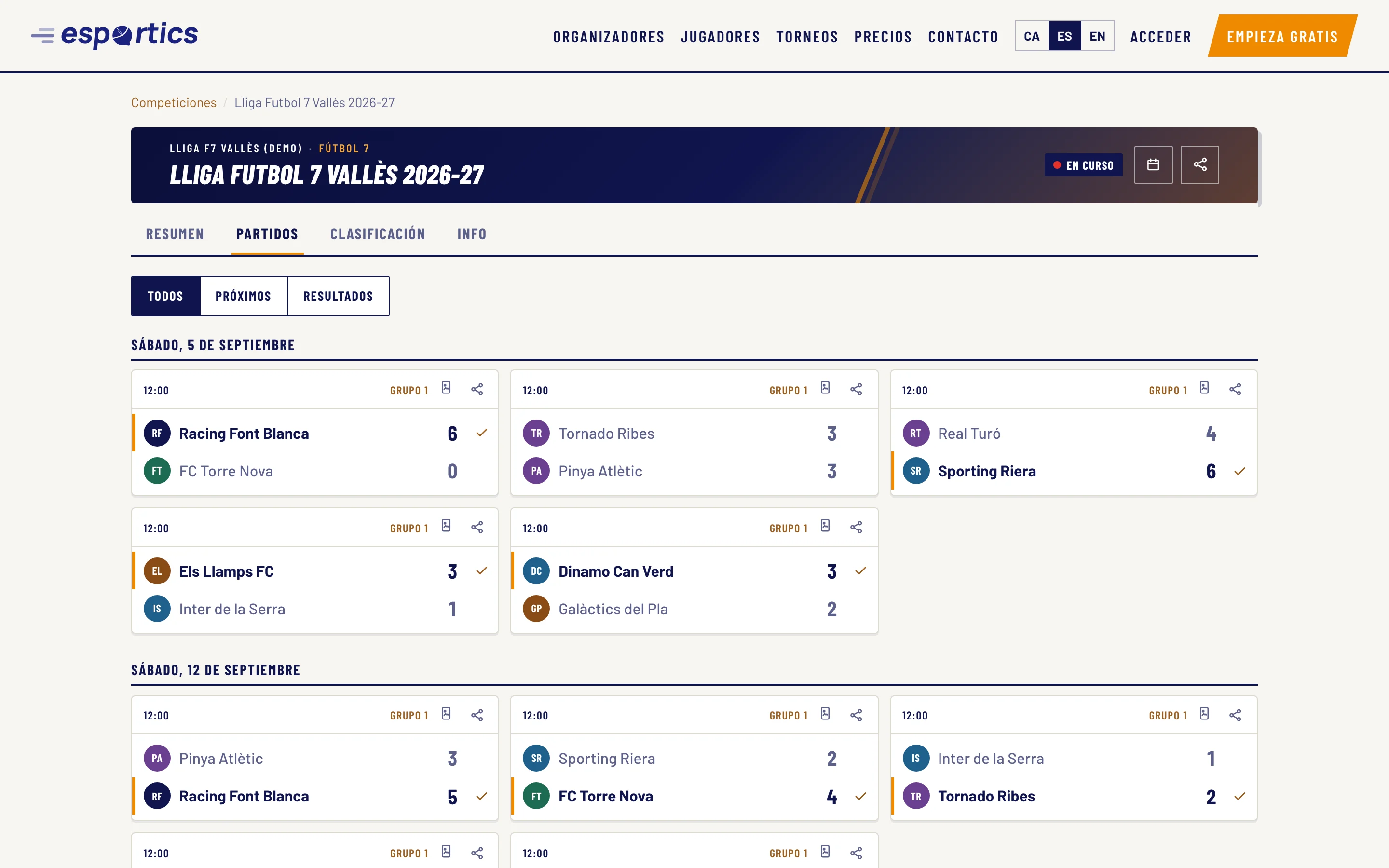 Partidos y resultados de una liga de fútbol 7 en eSportics