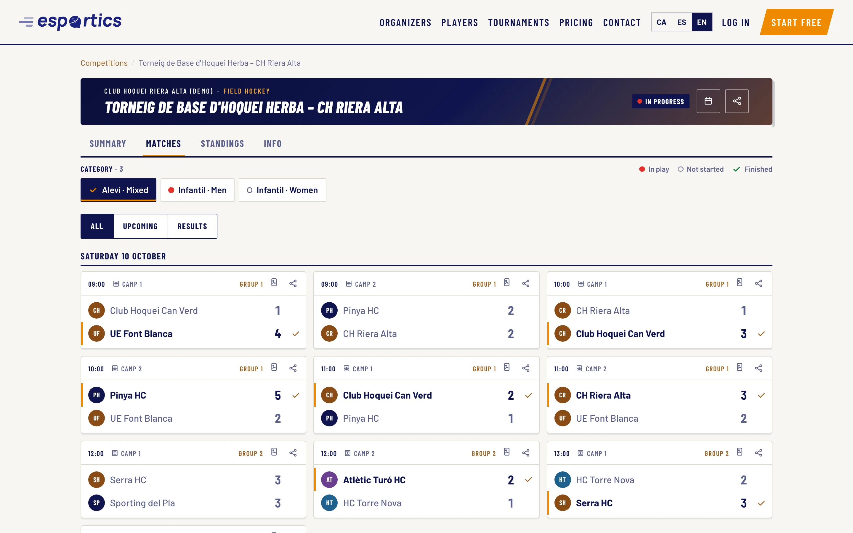 Matches of a grassroots field hockey tournament by age group, time and pitch on eSportics