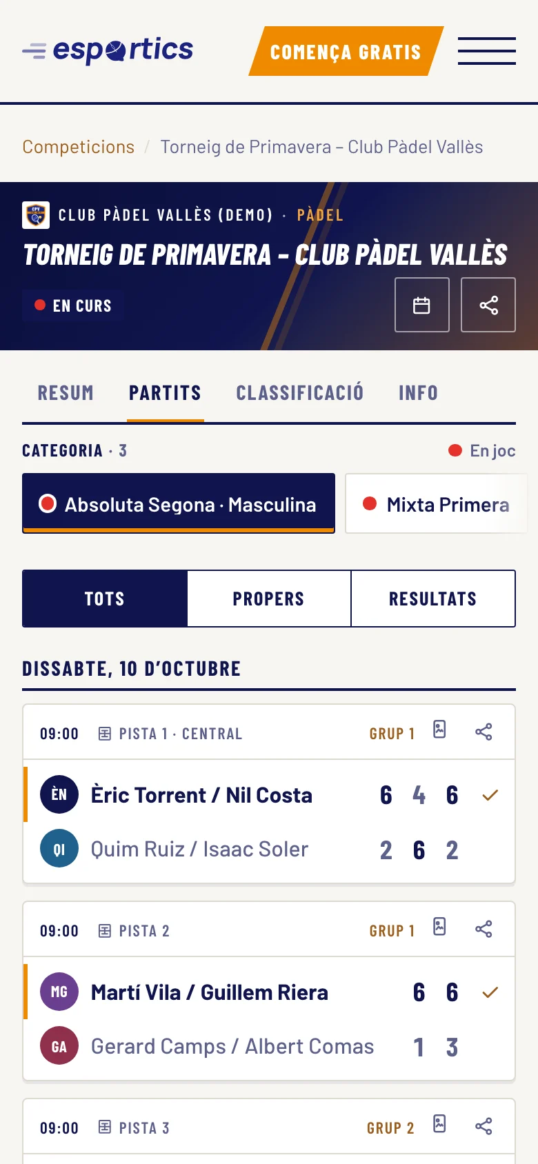 Els partits del torneig al mòbil